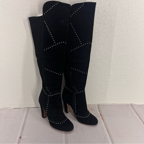 VINCE CAMUTO Carlene Black Embellished Leather Suede Over The Knee Boots 6 1/2M - Picture 3 of 17